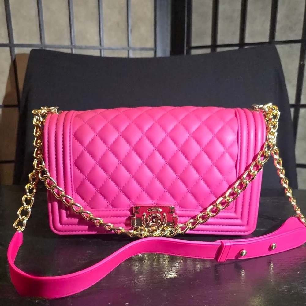 Vibrant Pink QuiltedJelly Shoulder/Crossbody Bag with Gold Chain And Solid Strap